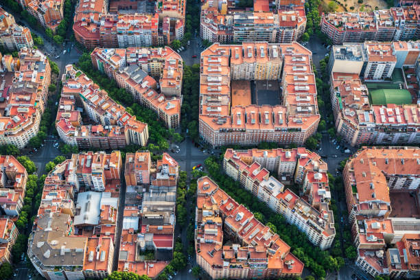 istock Barcelona architecture, high angle view of the city typical urban grid, Spain 961004128