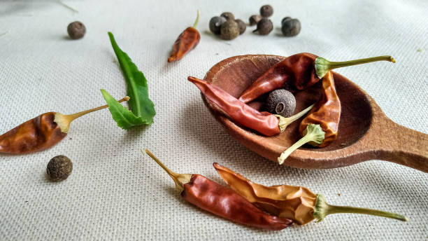 image of small chili pepper bell pepper and wooden spoon - mexico chili pepper bell pepper pepper imagens e fotografias de stock