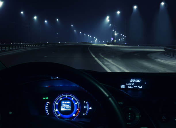 istock View through the windshield of the car.Winter highway at night 961008062