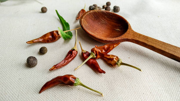 image of small chili pepper bell pepper and wooden spoon - mexico chili pepper bell pepper pepper imagens e fotografias de stock