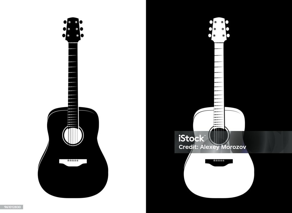 Vector Guitar Illustration in Black and White Set of Vertical Guitar Silhouettes in Vector EPS 10. Black and White illustrations in Realistic style. Guitar stock vector