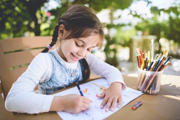 istock Child Girl Drawing Picture Outdoors in Summer 961027244