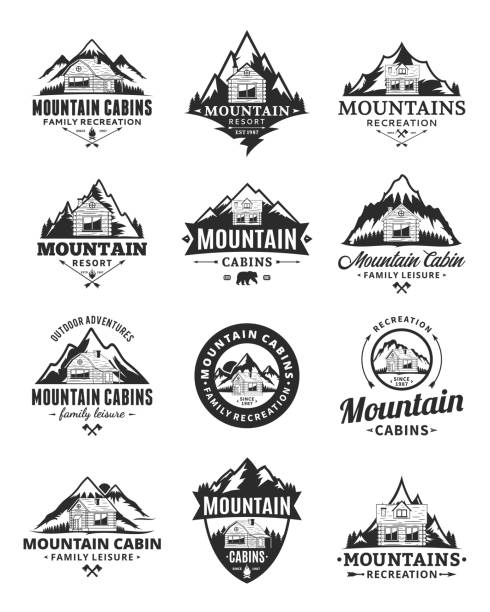 illustrations, cliparts, dessins animés et icônes de vector mountain recreation et cabine locations badges - montana