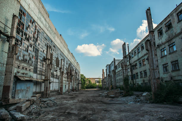 istock Apocalyptic concept, abandoned city background, ruined buildings, decay constructions after disaster or war 961042984
