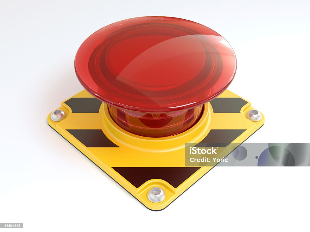 Big red button on yellow and black metal on white background Digitally generated image of big red button. Push Button Stock Photo