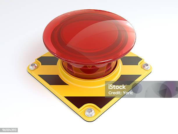 Big Red Button On Yellow And Black Metal On White Background Stock Photo - Download Image Now