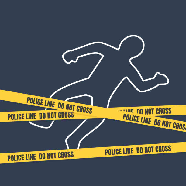 illustrazioni stock, clip art, cartoni animati e icone di tendenza di scena del crimine con contorno del corpo. la linea di polizia non incrocia il nastro - killing