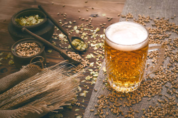 istock Cold frothy beer in glass mug. 961048652