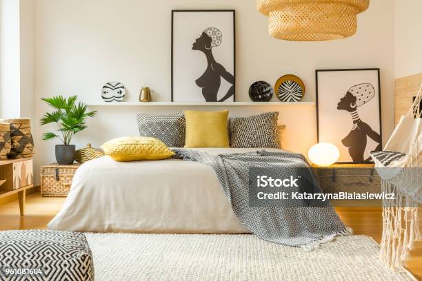 Warm Modern Bedroom Interior Stock Photo - Download Image Now - Bedroom, Yellow, Indoors