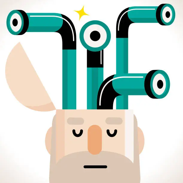 Vector illustration of Senior man with an opened head and group of periscopes