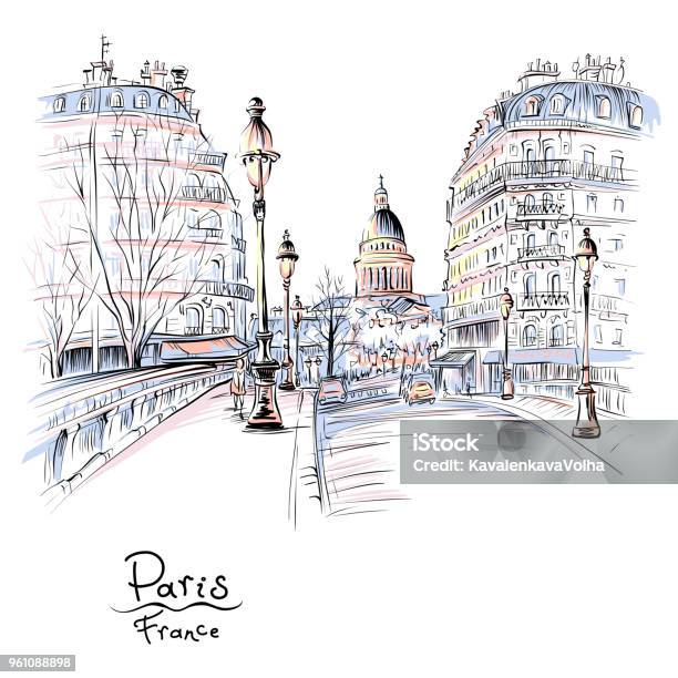 Vetores de Paris Pela Manhã De Inverno França e mais imagens de Paris - Paris, Ilustração e Pintura, Rua