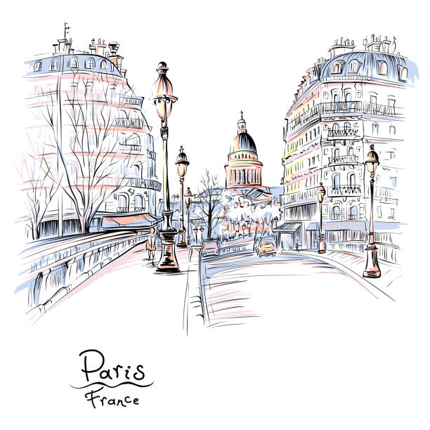 Paris in the winter morning, France Vector hand drawing. Bridge across river Seine Pont Louis Philippe near the Ile de la Cite in the winter morning, Pantheon in the background, Paris, France. paris france illustrations stock illustrations