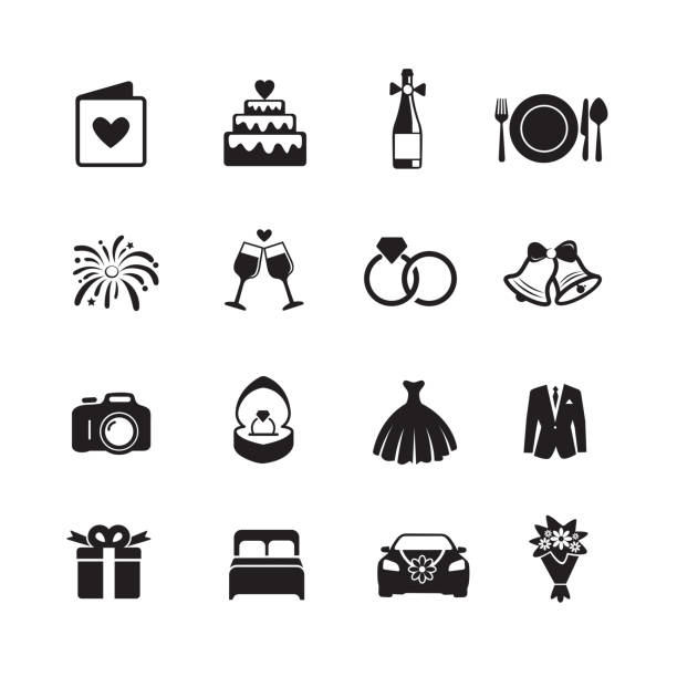 Wedding & Engagement Icons. Wedding and engagement icons, Isolated on a white background, Simple clearly defined shapes in one color. Vector wedding symbols stock illustrations