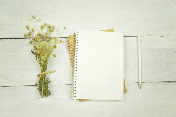 istock Blank notebook with dried flower and pencil on white background. copy space for idea in your work. 961092060
