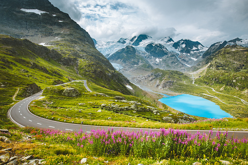 Beautiful view of winding mountain pass road in the Alps with mountain peaks, glaciers, lakes and green pastures with blooming flowers in summer