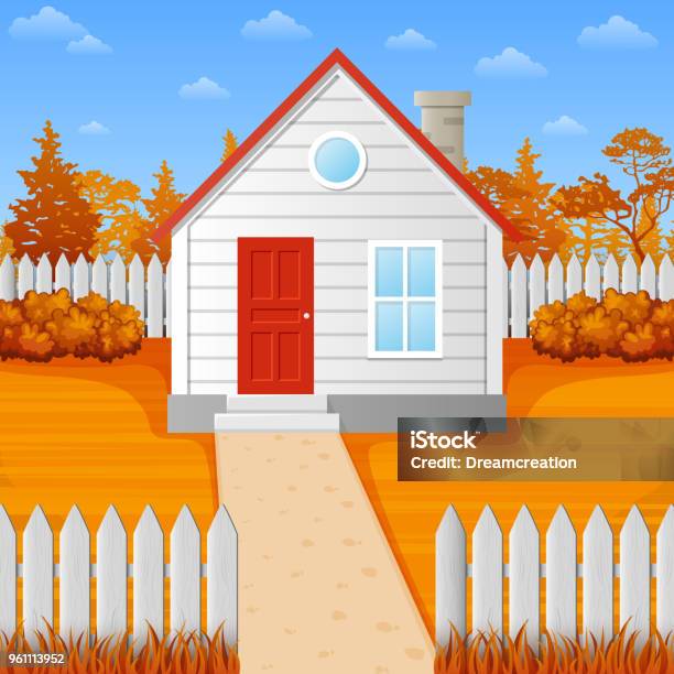 Cartoon Wooden House In Fall Season Stock Illustration - Download Image Now - Front Door, House, Footpath