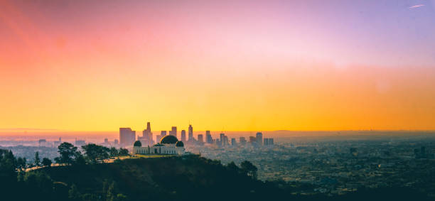 Los Angeles looking from Mt Hollywood at Dawn California, Dusk, Griffith Park Observatory, Hollywood - California, Sunset griffith park observatory stock pictures, royalty-free photos & images