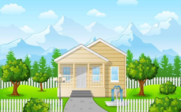 Cartoon family house on mountain against the blue sky background Vector illustration of Cartoon family house on mountain against the blue sky background modern house driveway stock illustrations