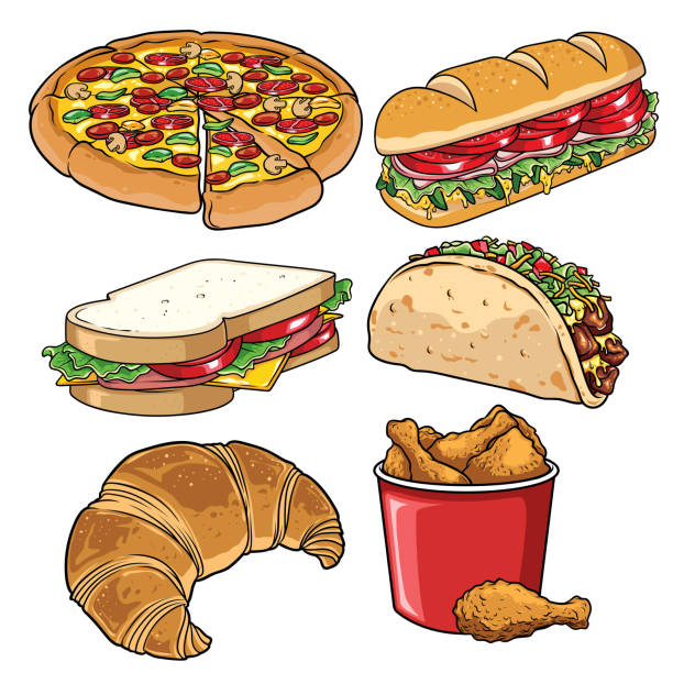 ilustraciones, imágenes clip art, dibujos animados e iconos de stock de conjunto de comida rápida ilustración blanca - food state