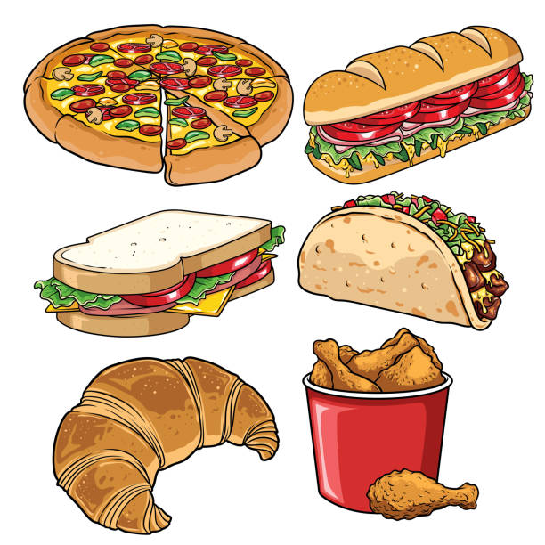 набор фаст-фуд иллюстрации белый - chef food cooking sandwich stock illustrations