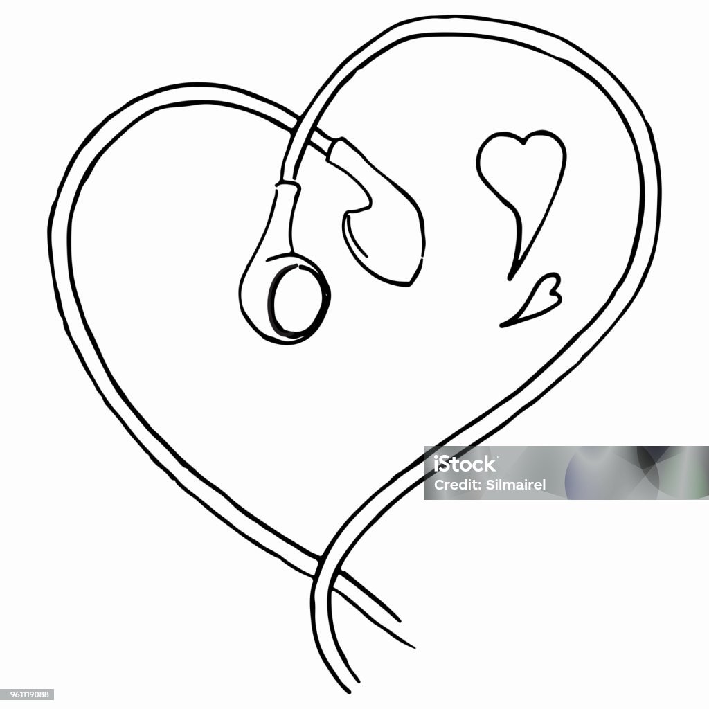 Monochrome earphones heart shaped love music line art isolated vector Monochrome earphones heart shaped love music line art isolated vector. Headphones stock vector