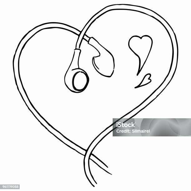 Monochrome Earphones Heart Shaped Love Music Line Art Isolated Vector Stock Illustration - Download Image Now