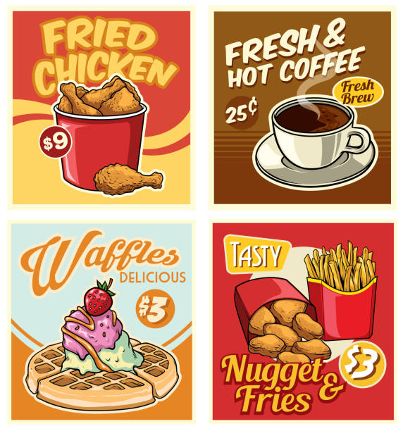 ilustraciones, imágenes clip art, dibujos animados e iconos de stock de comida rápida colección de diseño en estilo retro - waffle chicken fried chicken food