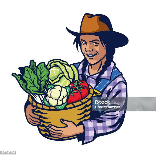 Happy Woman Farmer Hold A Bucket Full Of Vegetables Crop Stock Illustration - Download Image Now