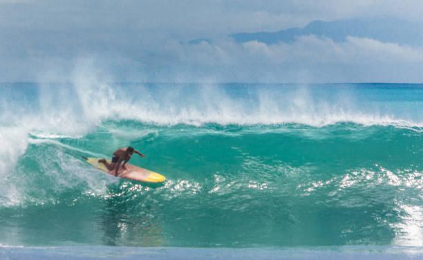 surfare ridning longboard på stora gröna våg på balangan beach, bali, indonesien - longboarding surfing bildbanksfoton och bilder