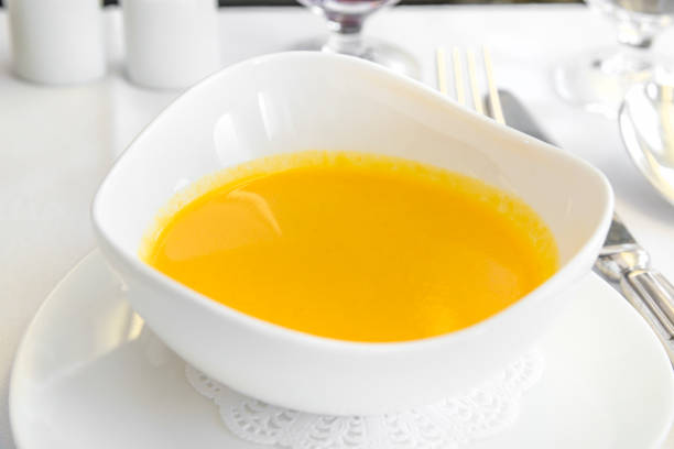 istock Set inflight meal soup on a tray, on a white table 961141502