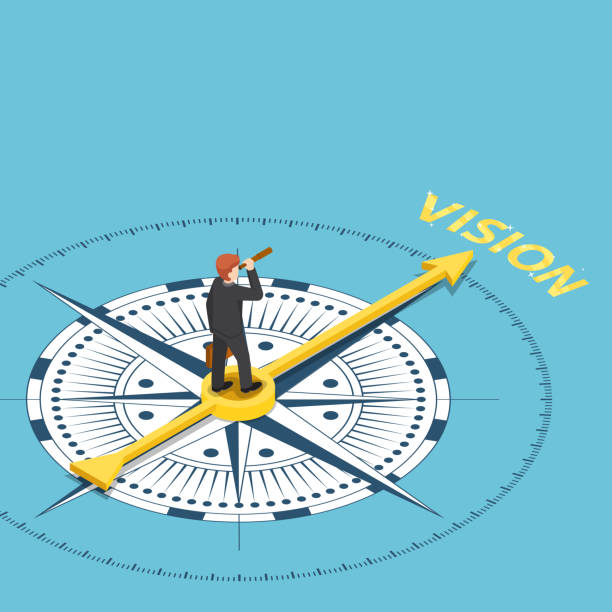 Isometric businessman with spyglass telescope on compass that point to vision word Flat 3d isometric businessman with spyglass telescope on compass that point to vision word. Business vision concept. prediction concept stock illustrations