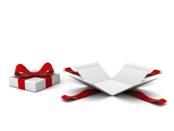istock Open gift box , present box with red ribbon and bow isolated on white background with shadow . 3D rendering 961153354