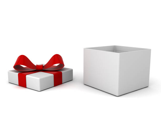 istock Open gift box , present box with red ribbon bow isolated on white background with shadow . 3D rendering 961154012