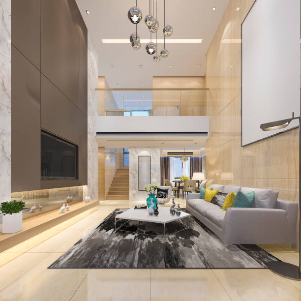 istock 3d rendering luxury modern double living floor with dining room 961155260