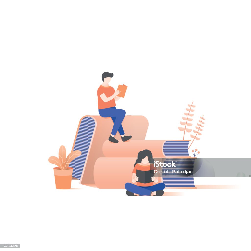 l’homme et la femme lisant le livre pile vector illustration sur fond blanc. - clipart vectoriel de Lire libre de droits