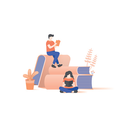 the man and woman reading on book pile illustration vector on white background.