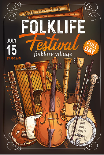 Folk music festival invitation poster with ethnic musical instrument. Italian viola, indian sitar and rebec, japanese shamisen, german zither and american banjo, russian balalaika and flute banner
