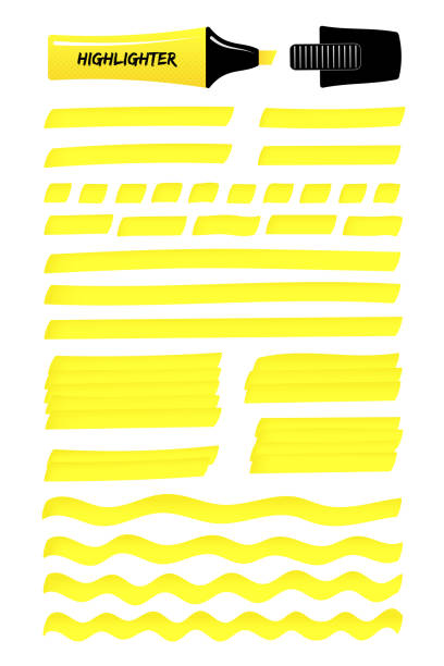 Yellow hand drawn highlight lines, layered boxes Hand drawn highlighter brush graphic set. Yellow layered scribbled rectangle with wavy lines, solid stripes hand drawings with highlight permanent marker. Vector illustration for business presentation highlighter stock illustrations