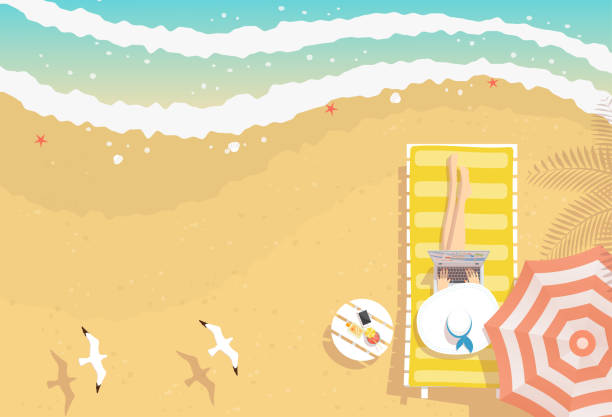 frau am strand mit dem laptop arbeiten - sea summer umbrella beach stock-grafiken, -clipart, -cartoons und -symbole