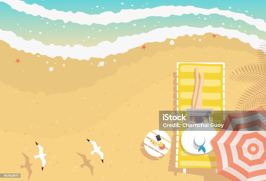 Woman working on the beach with laptop Woman with beach hat working on laptop, sitting on sun lounger on the beach with textured sand, curving sea waves, starfishes, shells and flying seagulls, from top view Beach stock vector