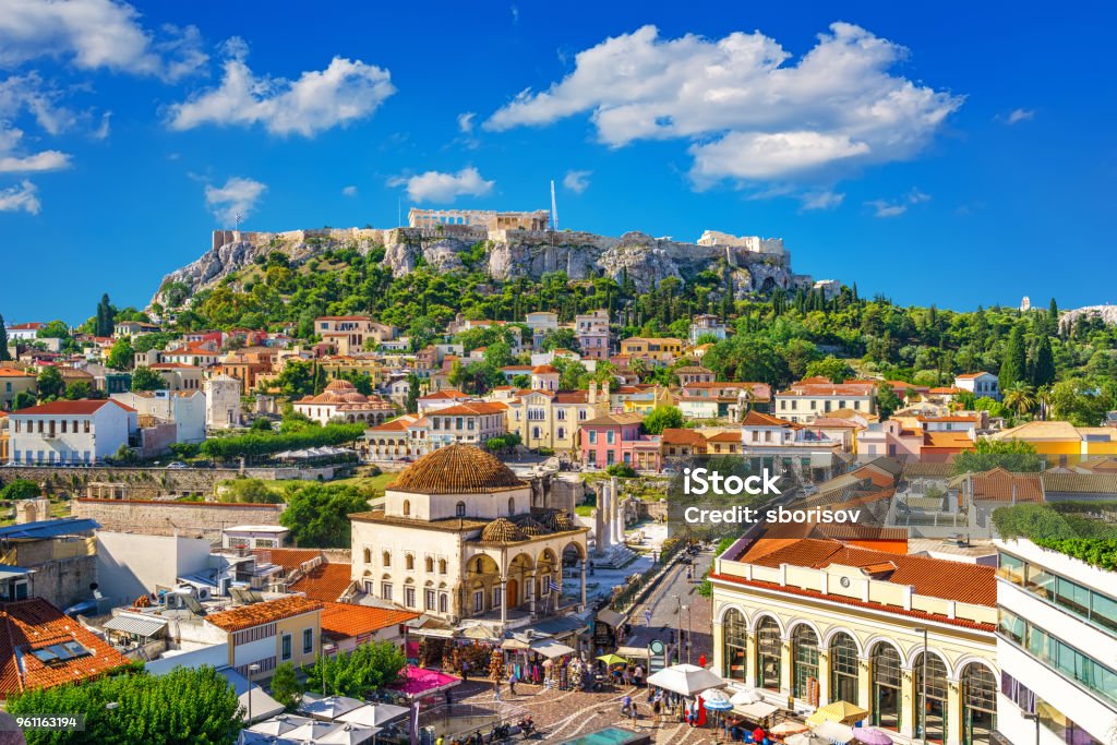 Acropolis in Athens, Greece View of the Acropolis from the Plaka, Athens, Greece Athens - Greece Stock Photo