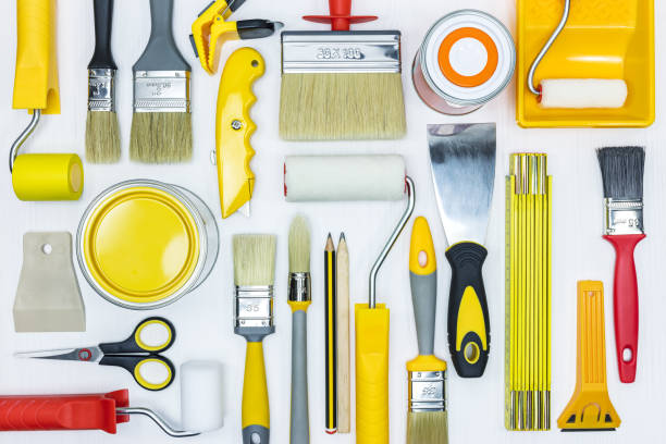 set of different painting tools for house renovation. flat lay