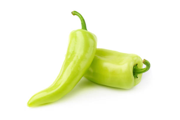 istock Green hot chili peppers isolated on white background 961166434