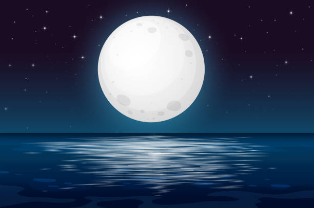 illustrazioni stock, clip art, cartoni animati e icone di tendenza di una notte di luna piena sull'oceano - moonlight