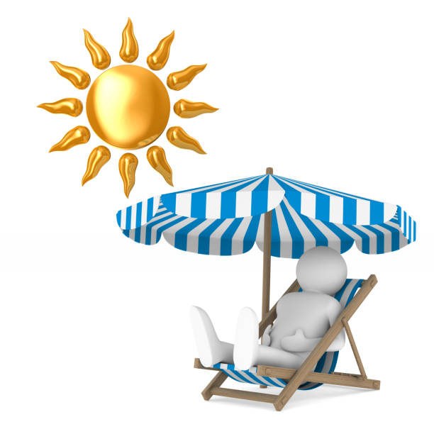 Deckchair and parasol and sun on white background. Isolated 3D illustration