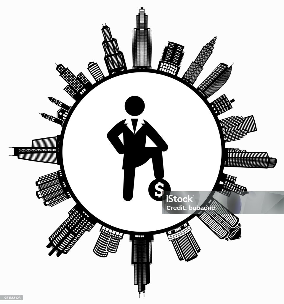 Money Success  on Modern Cityscape Skyline Background Money Success  on Modern Cityscape Skyline Background. The main image depicted is placed inside a white circle. The circle is in the center of the illustration. A detailed 100% vector cityscape skyline is placed around the circumference of the circle and includes various office, residential condominium and commercial real estate buildings. The image is black and white. The image is ideal for displaying city life concepts and ideas. Adult stock vector