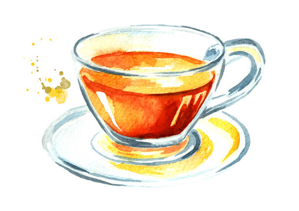 чашка с чаем. акварель нарисованная вручную иллюстрация, изолированная на белом фоне - white background black tea herbal tea isolated on white stock illustrations