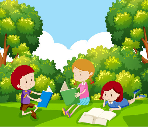 Children Reading a Book Under Tree Children Reading a Book Under Tree illustration person sitting on fence stock illustrations