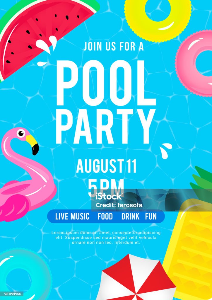 Pool party invitation vector illustration. Top view of swimming pool with pool floats. Summer stock vector