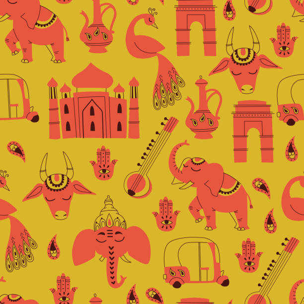 bezszwowy wzór z elementami indyjskimi. ręcznie rysowany wektor. - ganesha indian culture india vector stock illustrations